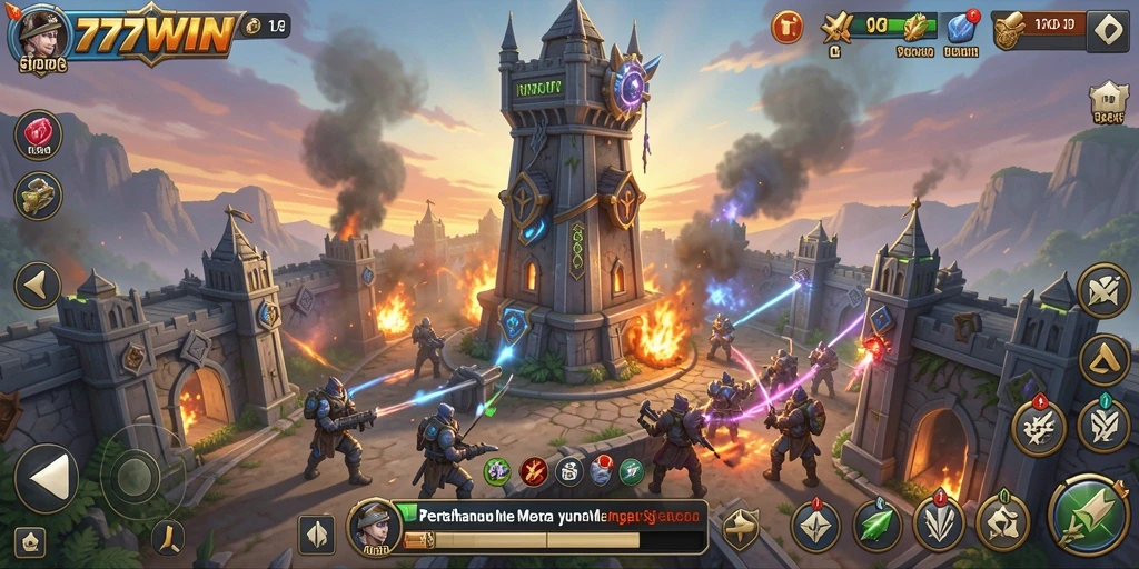 Screenshot gameplay 777WIN yang menampilkan pertahanan menara yang intens.