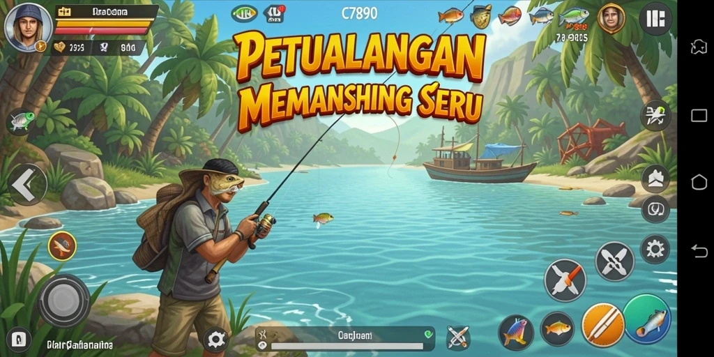 Screenshot gameplay C7890 menampilkan aktivitas memancing yang mengasyikkan.