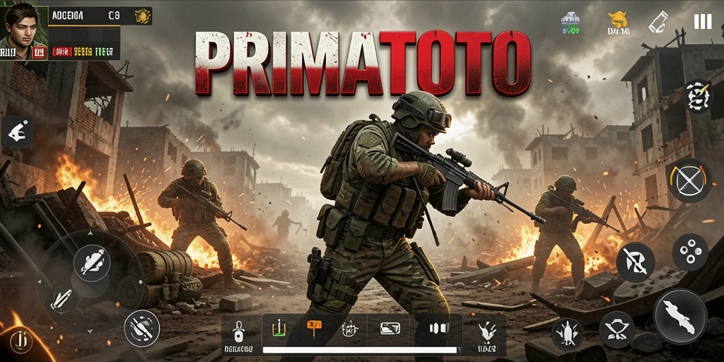 Screenshot utama PRIMATOTO menampilkan aksi pertempuran yang mendebarkan.
