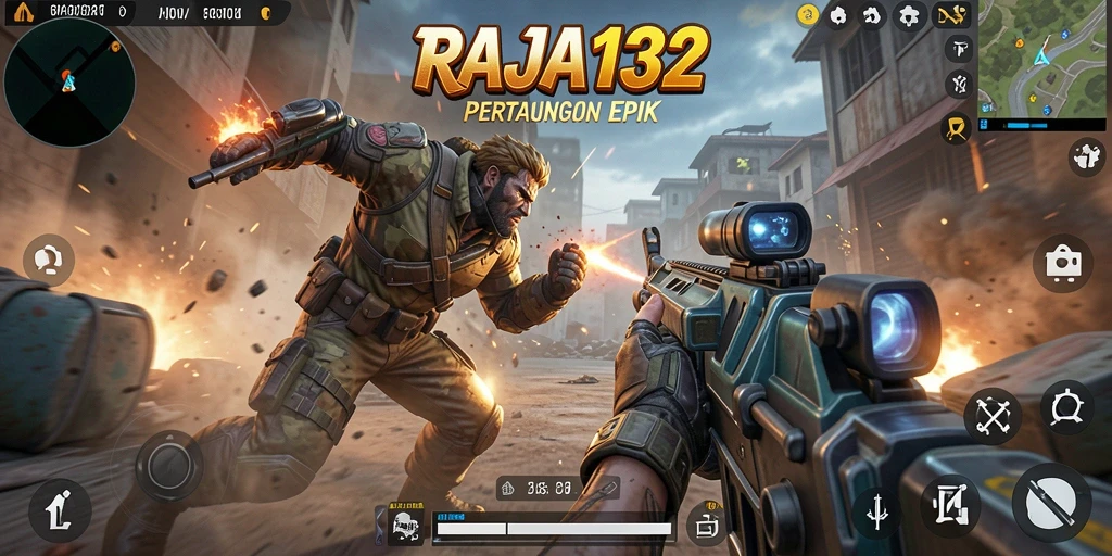 Screenshot utama RAJA132 menampilkan aksi intens dalam pertempuran FPS.