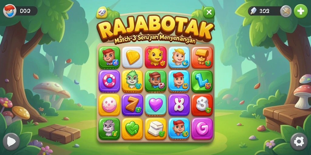 Tangkapan layar utama RAJABOTAK menampilkan gameplay Match-3 yang penuh warna.