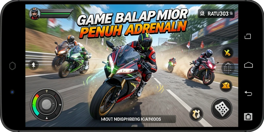 Tampilan gameplay yang mendebarkan dalam RATU303 saat balapan motor.