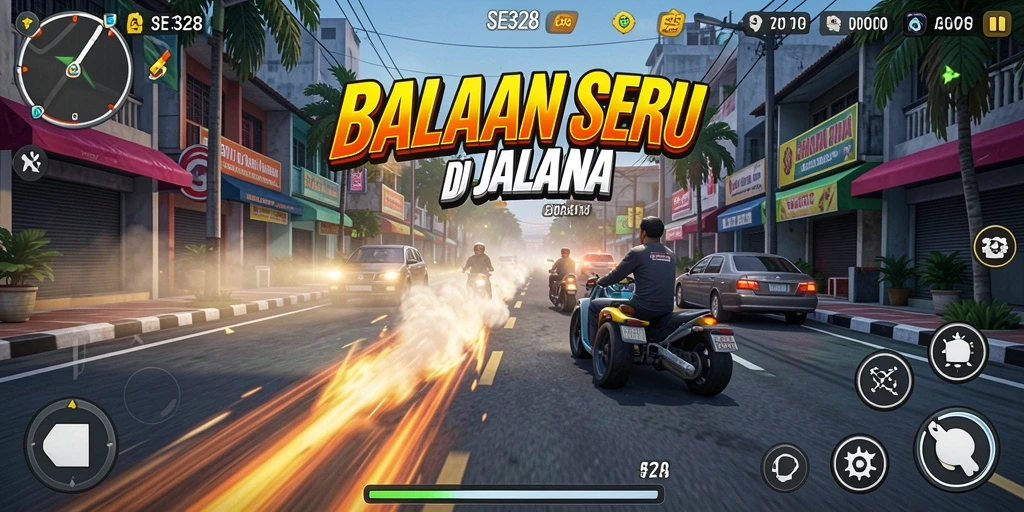 Tangkapan layar utama SE328 menampilkan aksi seru balapan di jalanan.