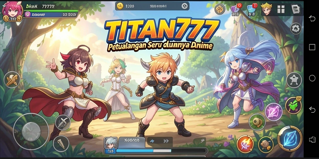 Screenshot utama TITAN777 menampilkan karakter anime dalam pertempuran epik.